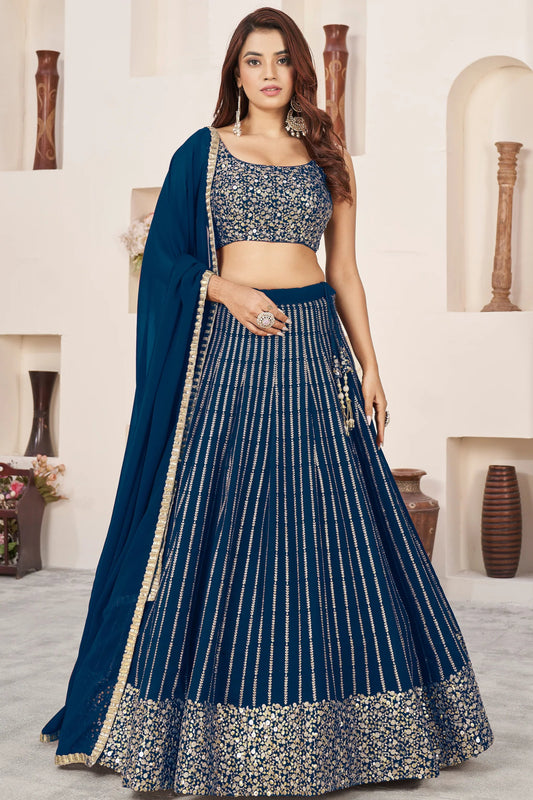 Attractive Blue Color Lehenga Choli With Thread Embroidery , Zari Work And Sequins Work With Dupatta Of Lace Border