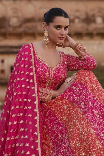 Pink Color Heavy Worked Indian Pakistani Wedding Wear Long Flared Anarkali Gown