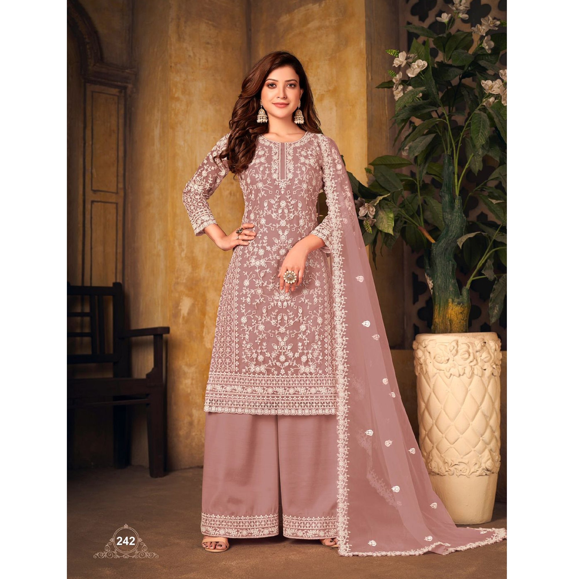 Wedding Reception Party Wear Heavy Embroidery Worked Net Fabric Salwar Kameez Plazzo Suits