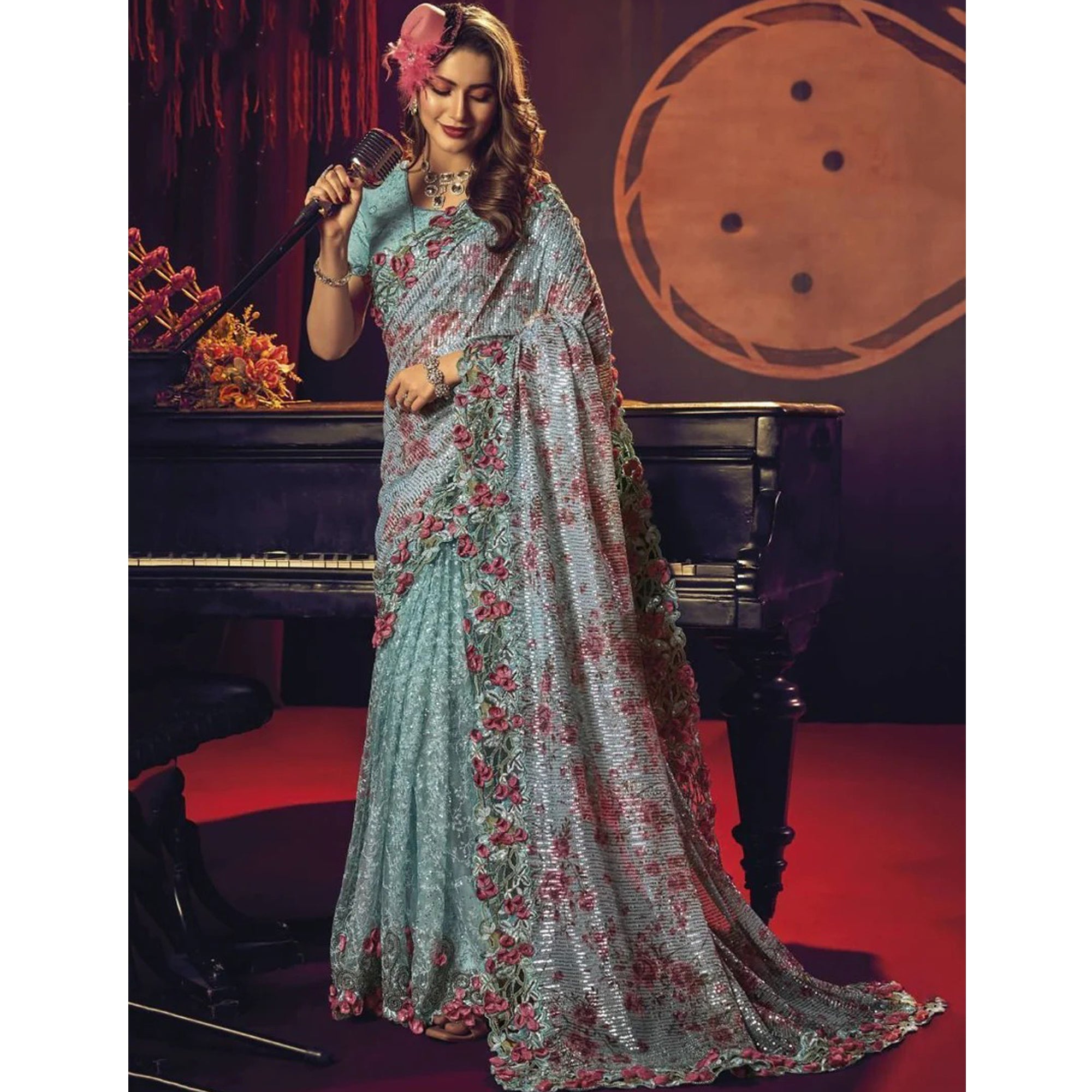 Gorgeous Sea Green Color Digital Printed Net Wedding Party Wear Saree