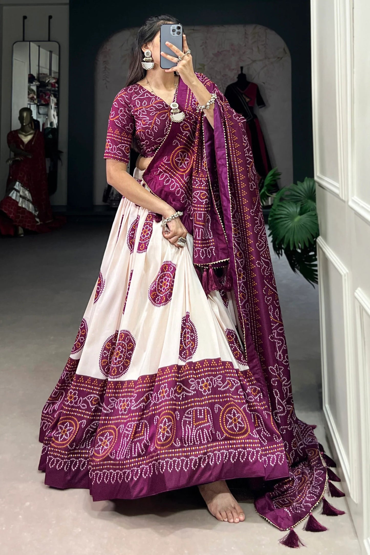 Elegant Ready To Wear Purple Color lehenga Choli With Dupatta Of Bandhani Print Work And Lehenga Choli Of Tussar Silk With Bandhani Print Work