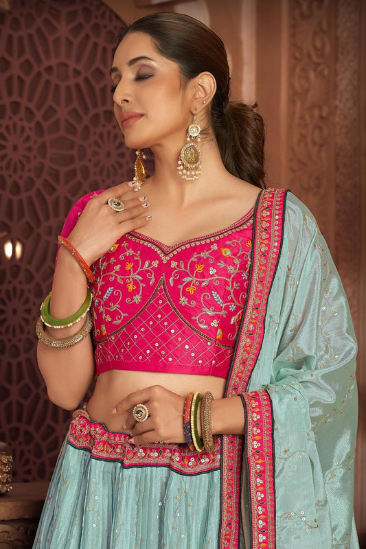 Sky Color Designer Wedding Function Wear Georgette Fabric Lehenga Choli
