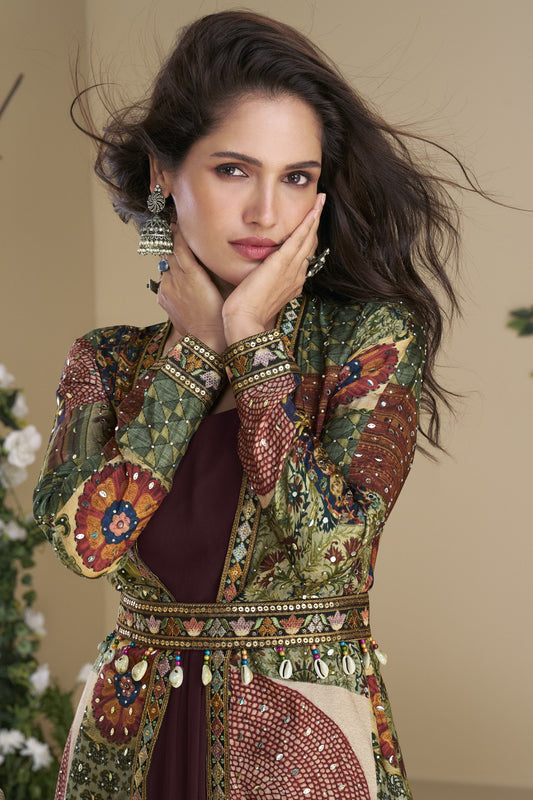 Brown color Anarkali gown in georgette and silk fabric with embellished work, combining rich texture and festive elegance for special occasions.
