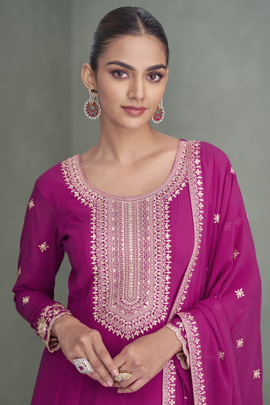 Pink color Anarkali gown in georgette fabric with sequin and embroidery work, offering a soft and festive charm for special occasions.


