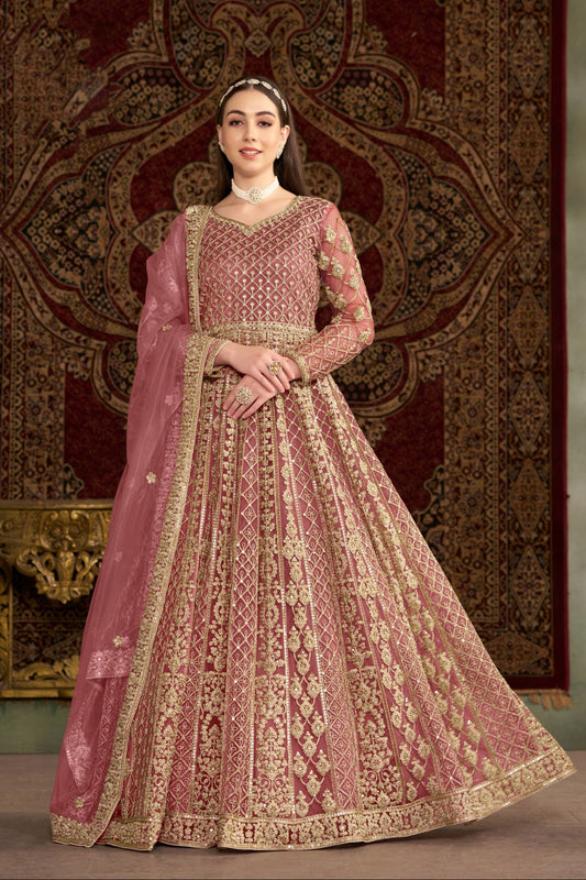 Pakistani Eid Wear Net Embroidery Work Anarkali Gown with Dupatta Suit