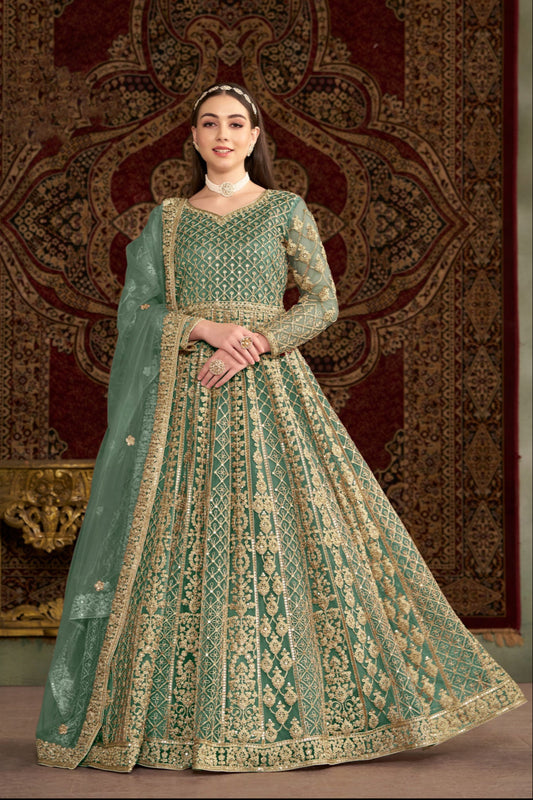 Pakistani Eid Wear Net Embroidery Work Anarkali Gown with Dupatta Suit