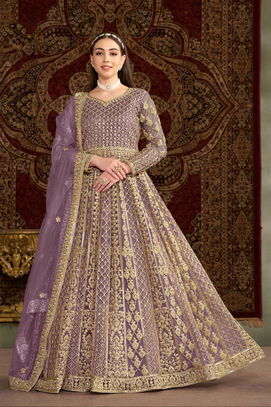 Pakistani Eid Wear Net Embroidery Work Anarkali Gown with Dupatta Suit