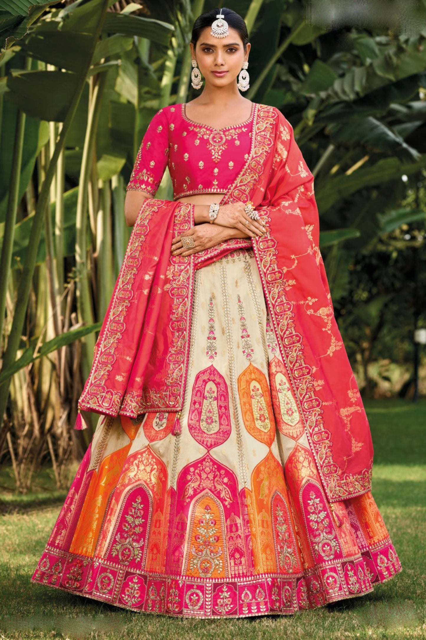 Pakistani Designer Wedding Wear Off-Rani Color Stitched Lehenga Choli
