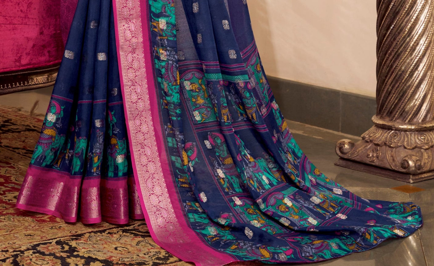 Embroidered Party Wear Saree Traditional Women's Wear Silk Blue Color Sari