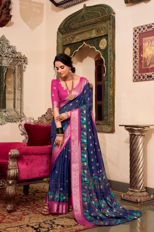 Embroidered Party Wear Saree Traditional Women's Wear Silk Blue Color Sari