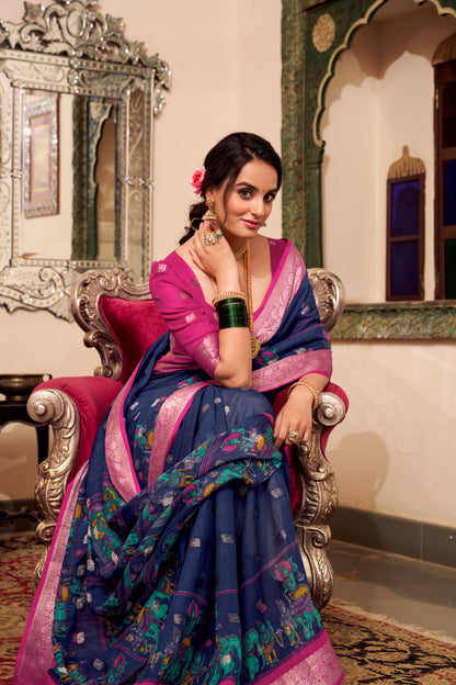Embroidered Party Wear Saree Traditional Women's Wear Silk Blue Color Sari