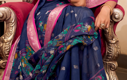 Embroidered Party Wear Saree Traditional Women's Wear Silk Blue Color Sari