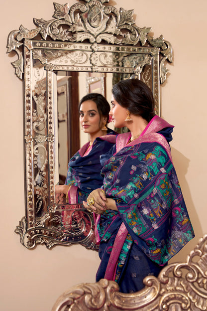 Embroidered Party Wear Saree Traditional Women's Wear Silk Blue Color Sari