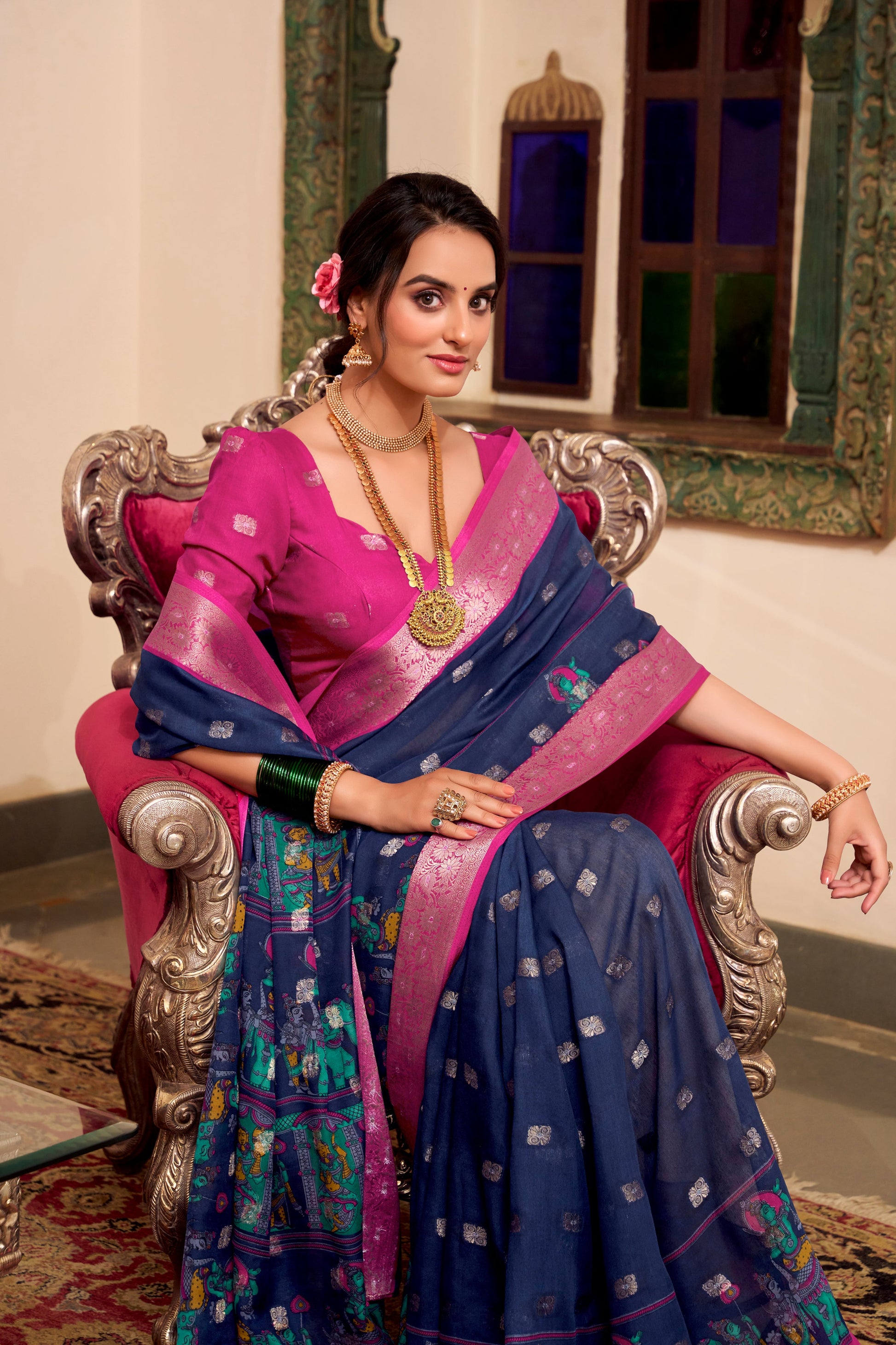 Embroidered Party Wear Saree Traditional Women's Wear Silk Blue Color Sari