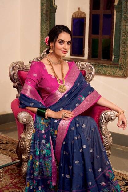 Embroidered Party Wear Saree Traditional Women's Wear Silk Blue Color Sari