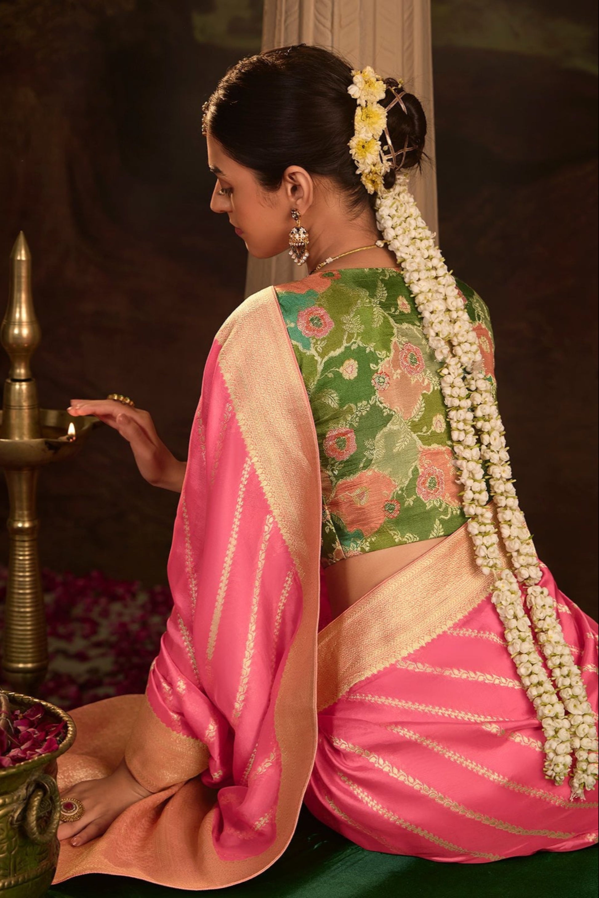 Fast Shipping USA New Indian Style Wedding Event Wear Pink Color Saree with Fancy Blouse