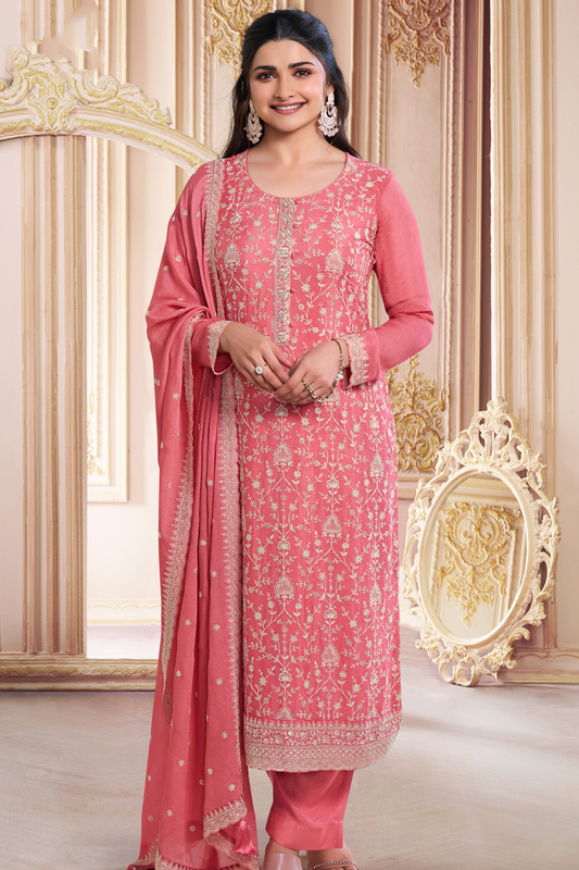 Indian Designer Thread Embroidery Chinon Work Event Wear Salwar Kameez Pant Suit