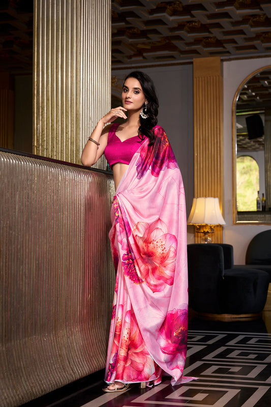 Readymade Saree Outfit Stitched New Pink Color Printed Work Satin Silk Festival Wear Sari With Blouse