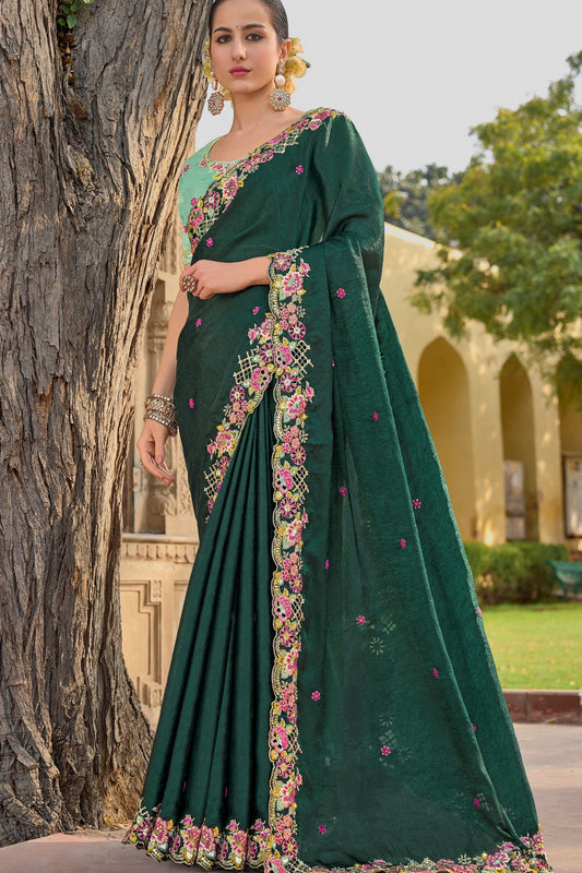 Ready to Wear Saree Plus Size USA Dark Green Color Embroidered Silk Saree With Blouse