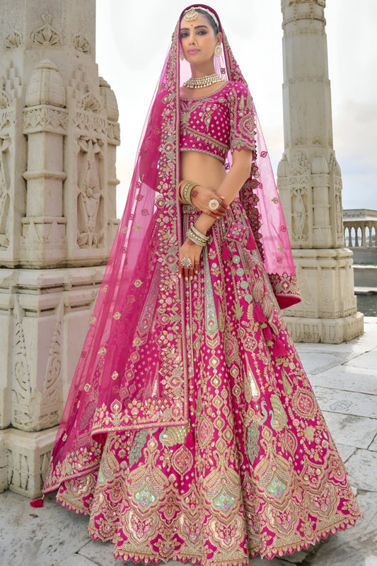 Luxury Pink Raw Silk Bridal Wedding Lehenga Set with Heavy Net Dupatta
