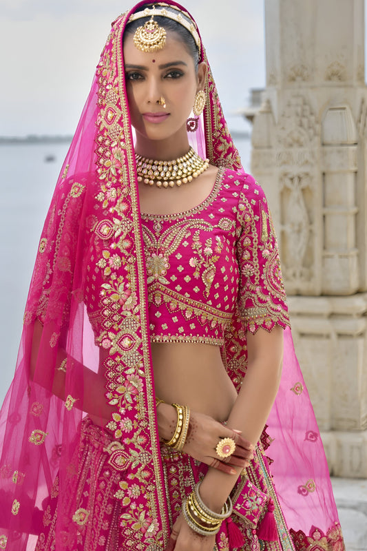 Luxury Pink Raw Silk Bridal Wedding Lehenga Set with Heavy Net Dupatta

