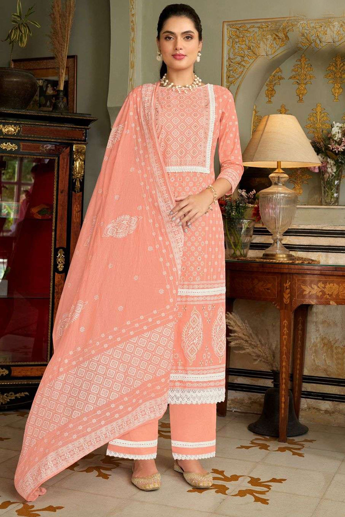 Indian Designer Pure Cambric Cotton Print With Fancy Lace Work Salwar Kameez Plazzo Pant Suit