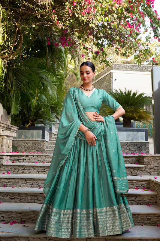 Teal Green Color Pure Chanderi Fabric Reception Wear Lehenga Choli