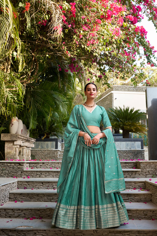 Teal Green Color Pure Chanderi Fabric Reception Wear Lehenga Choli