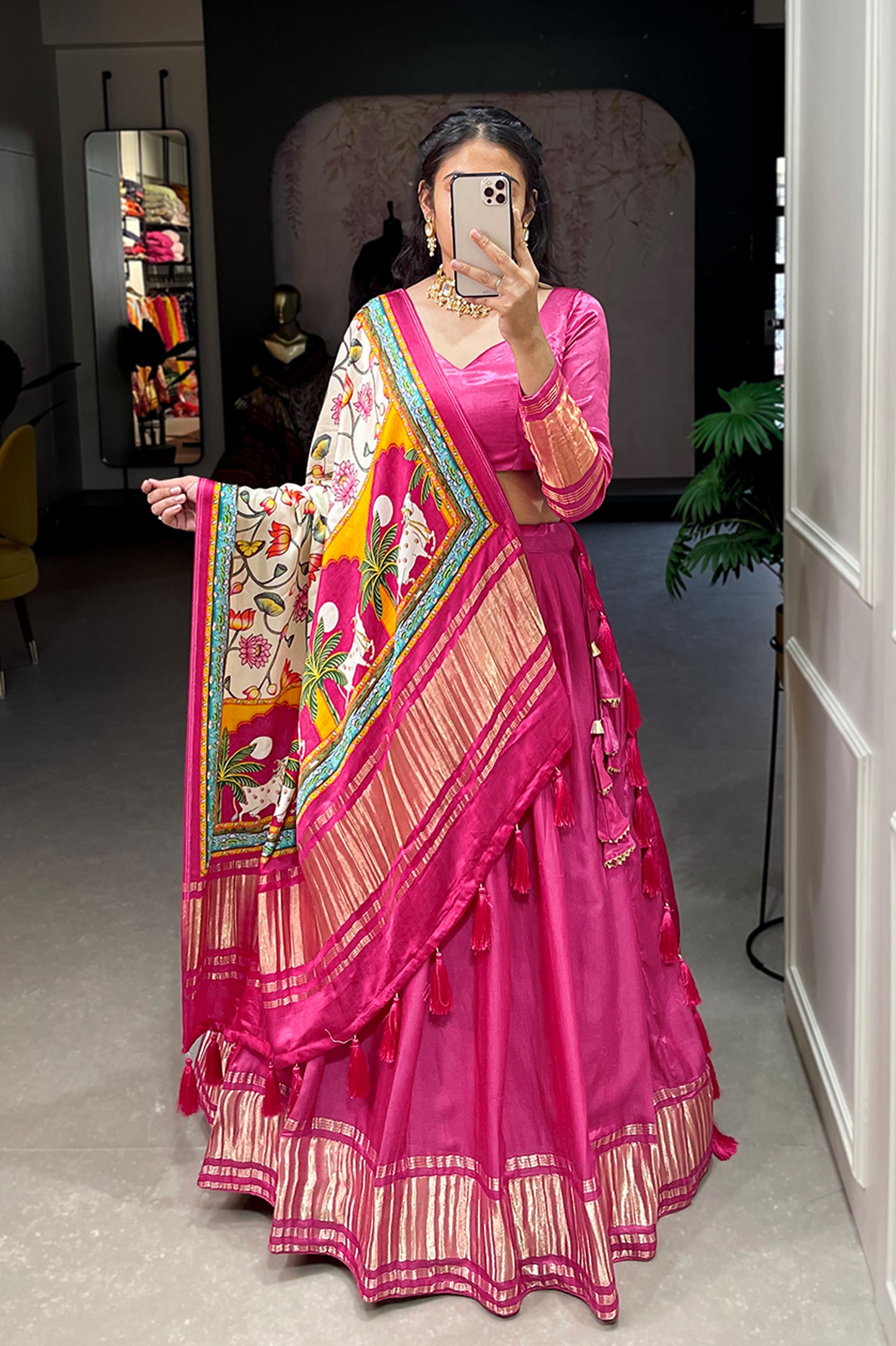 Designer Pink Gaji Silk Bandhej Patola Printed Wedding Lehenga Choli