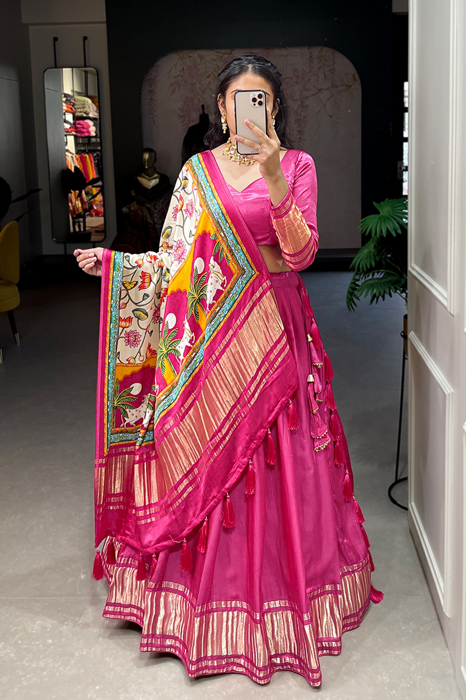 Designer Pink Gaji Silk Bandhej Patola Printed Wedding Lehenga Choli