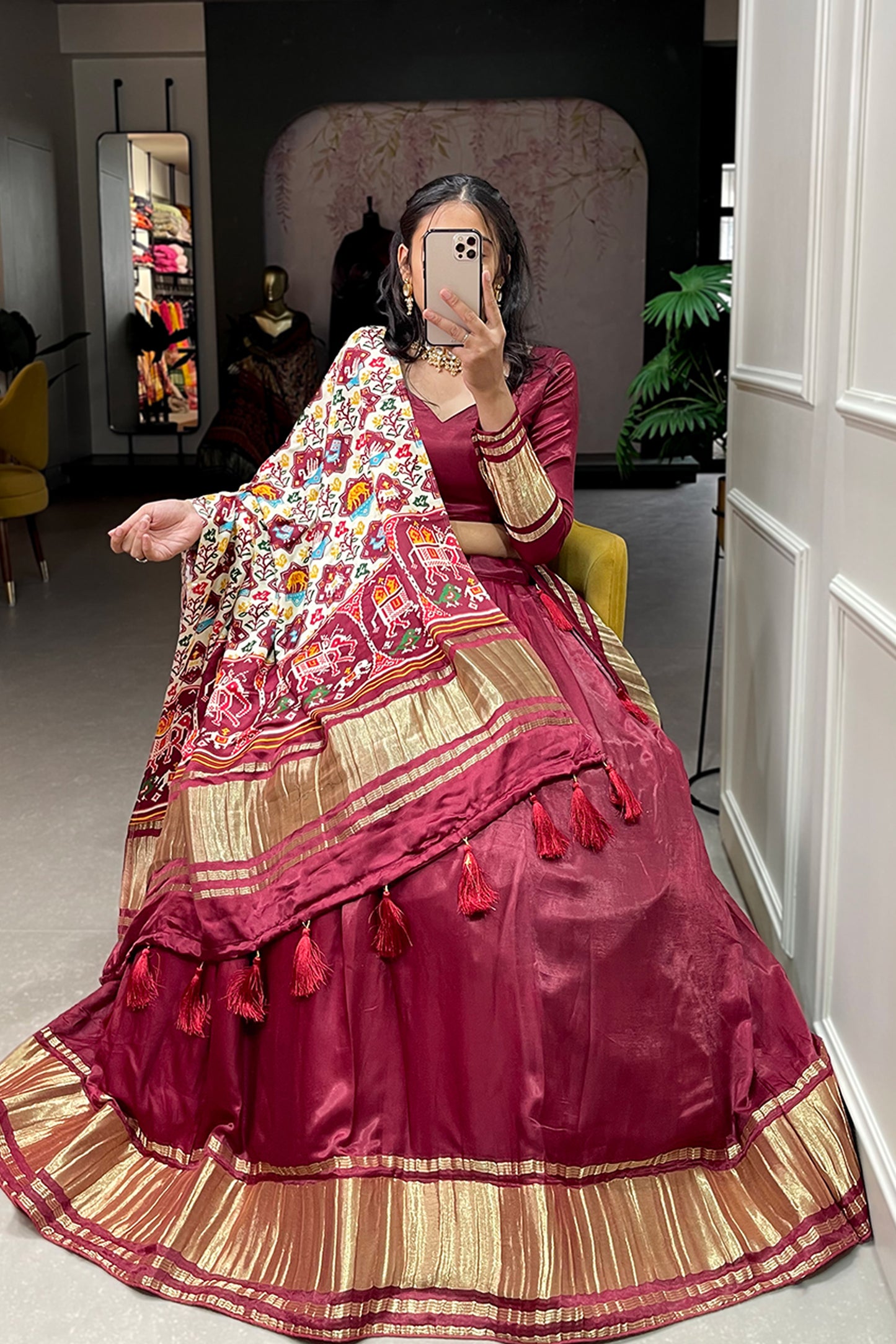 Red Color Readymade Bandhej Patola Lehenga Choli For Eid Wear