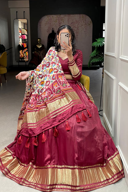 Red Color Readymade Bandhej Patola Lehenga Choli For Eid Wear