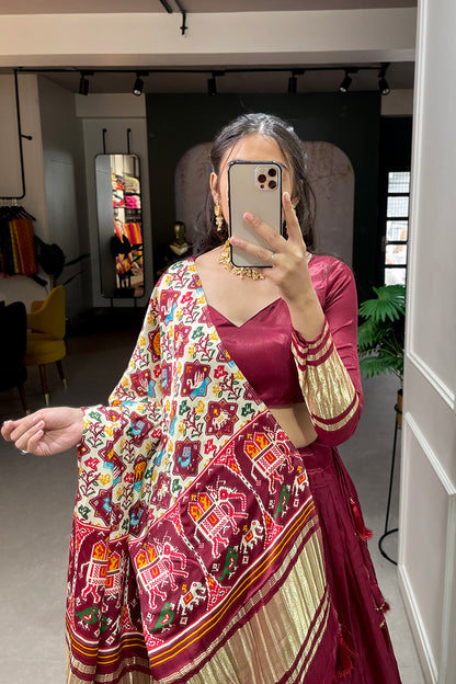 Red Color Readymade Bandhej Patola Lehenga Choli For Eid Wear