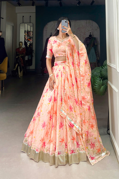 Indian Traditional Style Light Orange Design Floral Printed Lehenga Choli For Wedding Function
