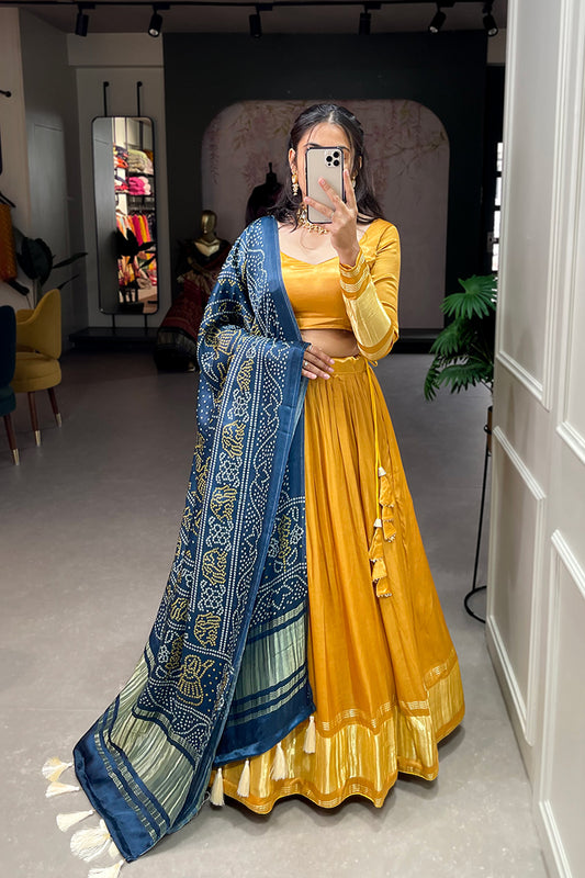 Yellow Color Silk Designer Patola Printed Lehenga Choli For Wedding Guest USA