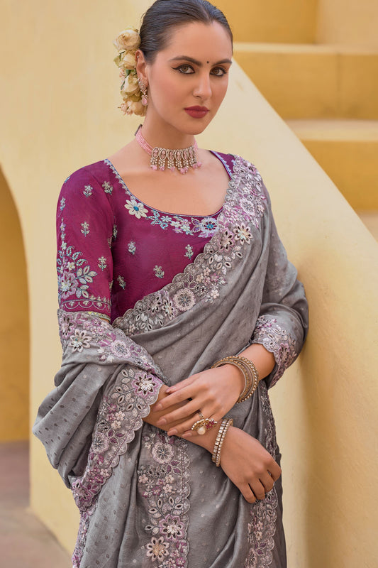 Indian Designer Bollywood Style Gray Color Embroidery Material Reception Wear Saree