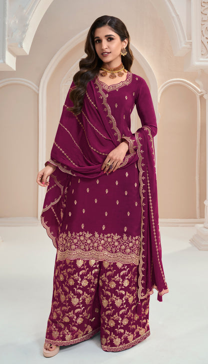 Attractive New Designer Embroidery Chinon Fabric Salwar Kameez Plazzo Suit