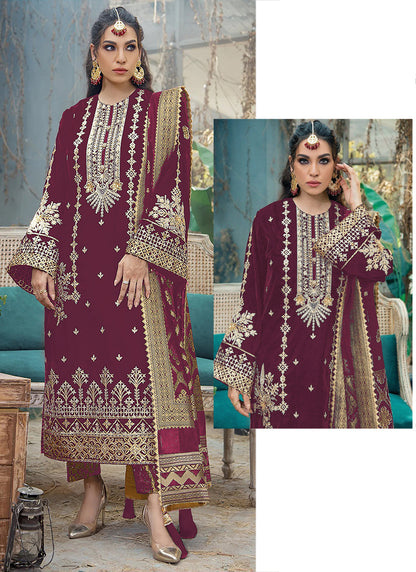 Newest Wedding Style Wine Color Ready To Wear Salwar Kameez With Dupatta