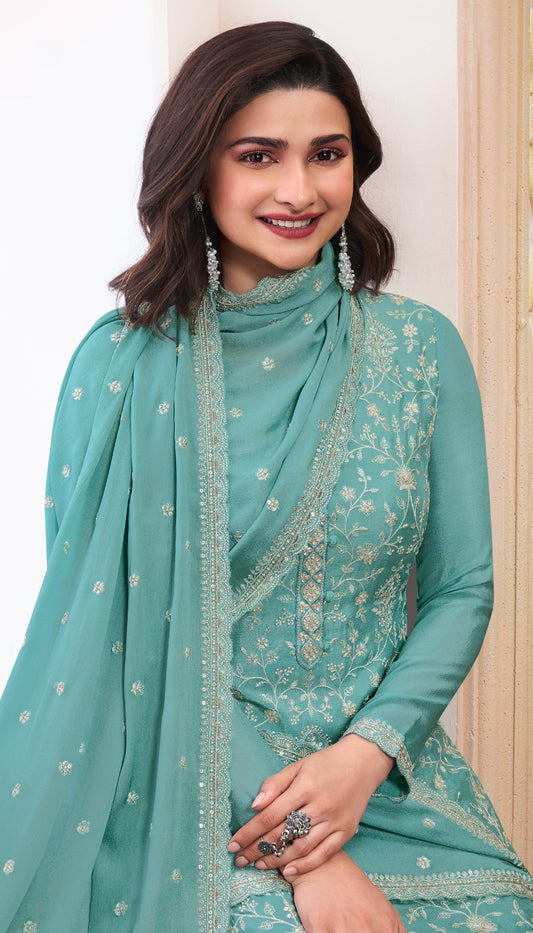 Indian Designer Thread Embroidery Chinon Work Event Wear Salwar Kameez Pant Suit