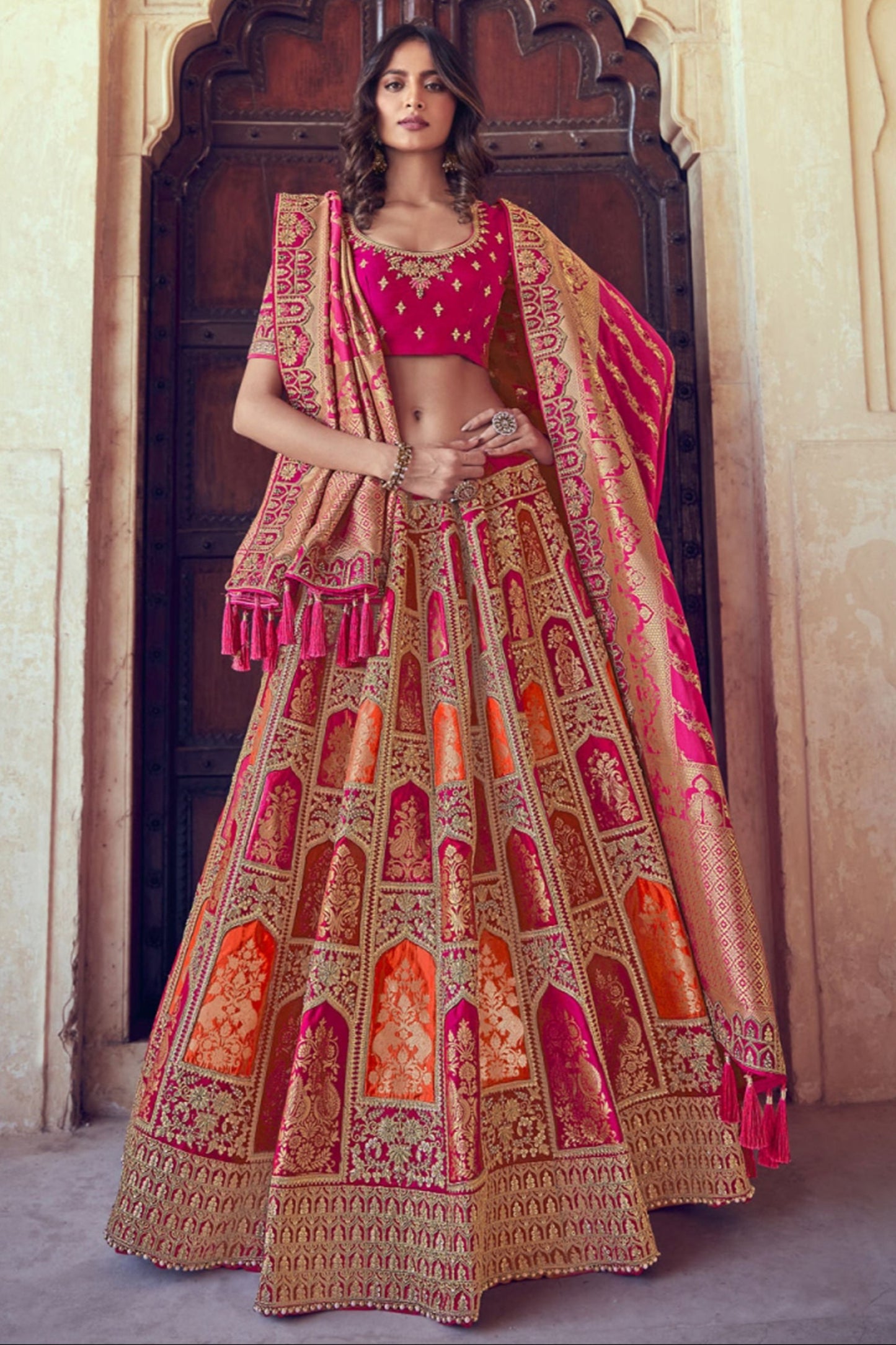 Multi Color Readymade Banarasi Silk Wedding Wear Lehenga Choli Dupatta
