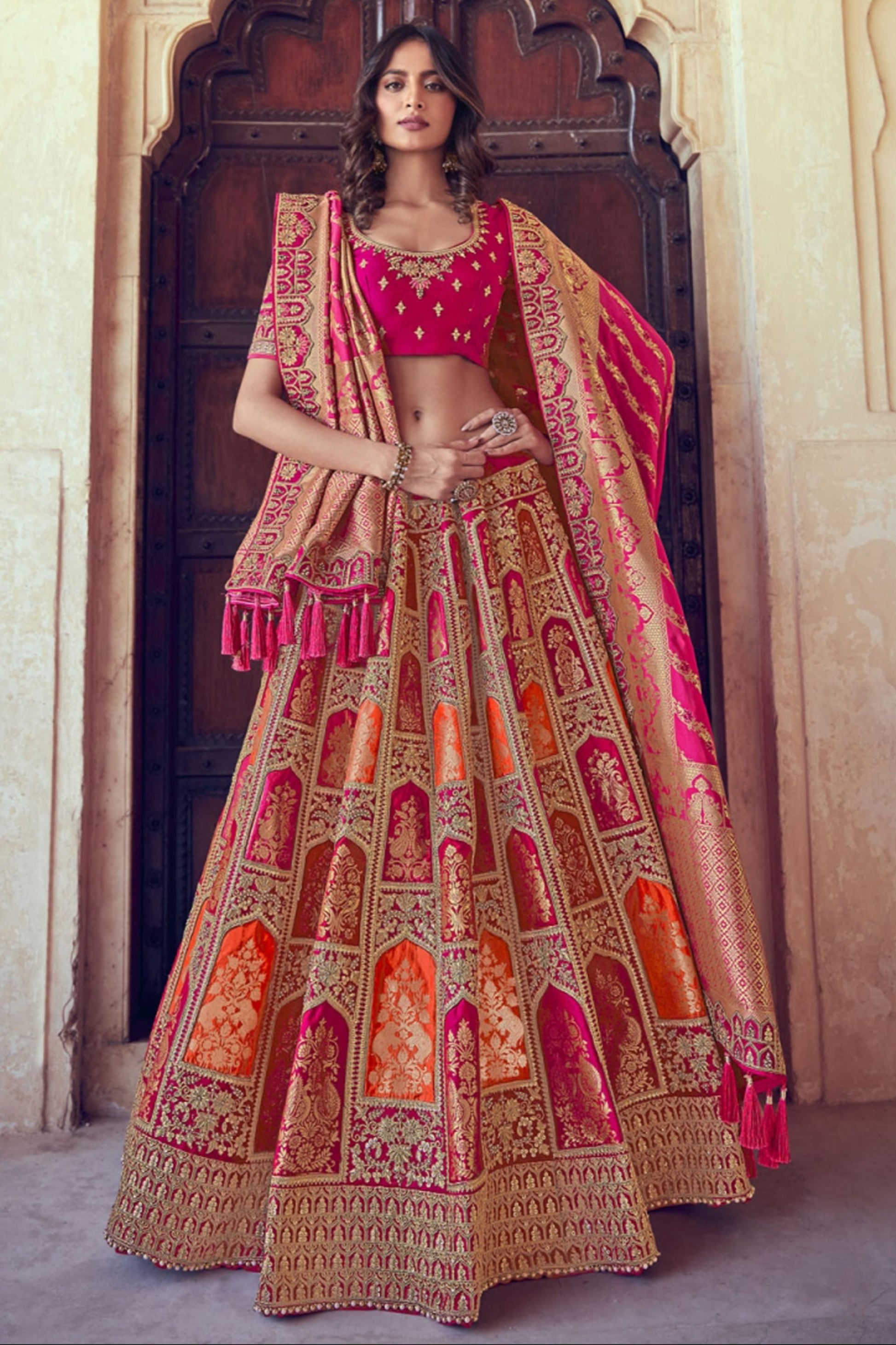 Multi Color Readymade Banarasi Silk Wedding Wear Lehenga Choli Dupatta
