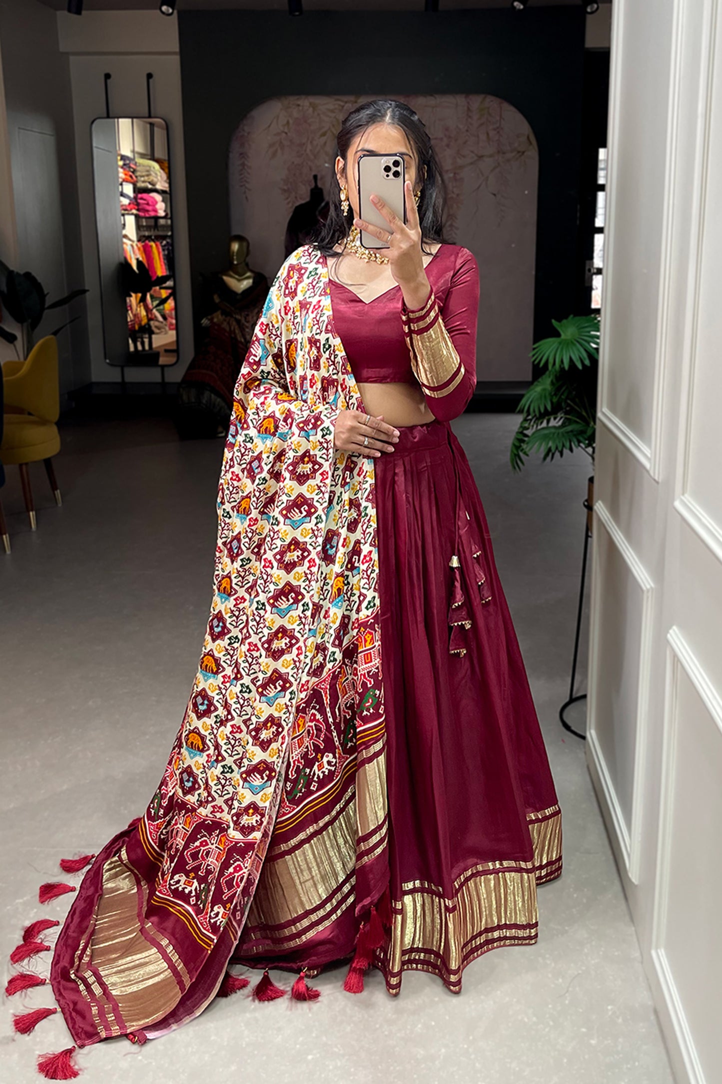 Red Color Readymade Bandhej Patola Lehenga Choli For Eid Wear