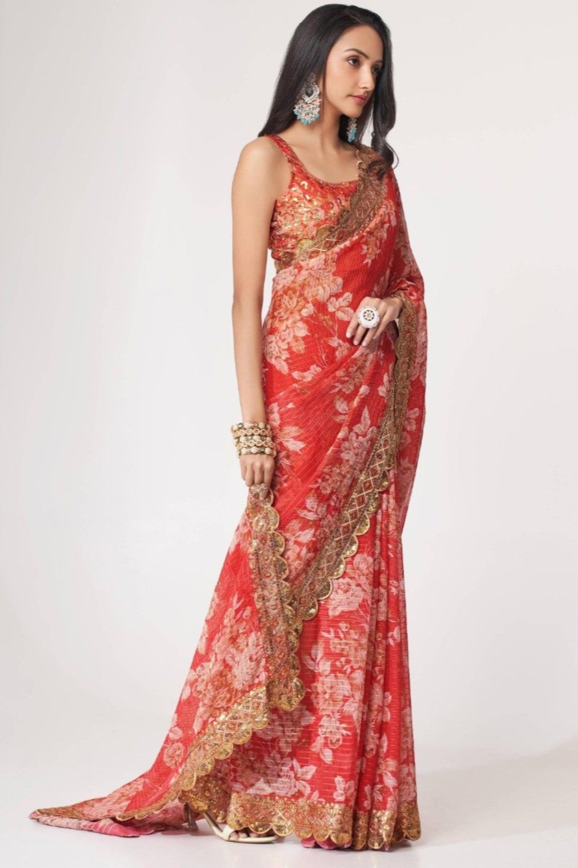 Bollywood Style Red Color Floral Printed Organza Fabric Ethnic Saree