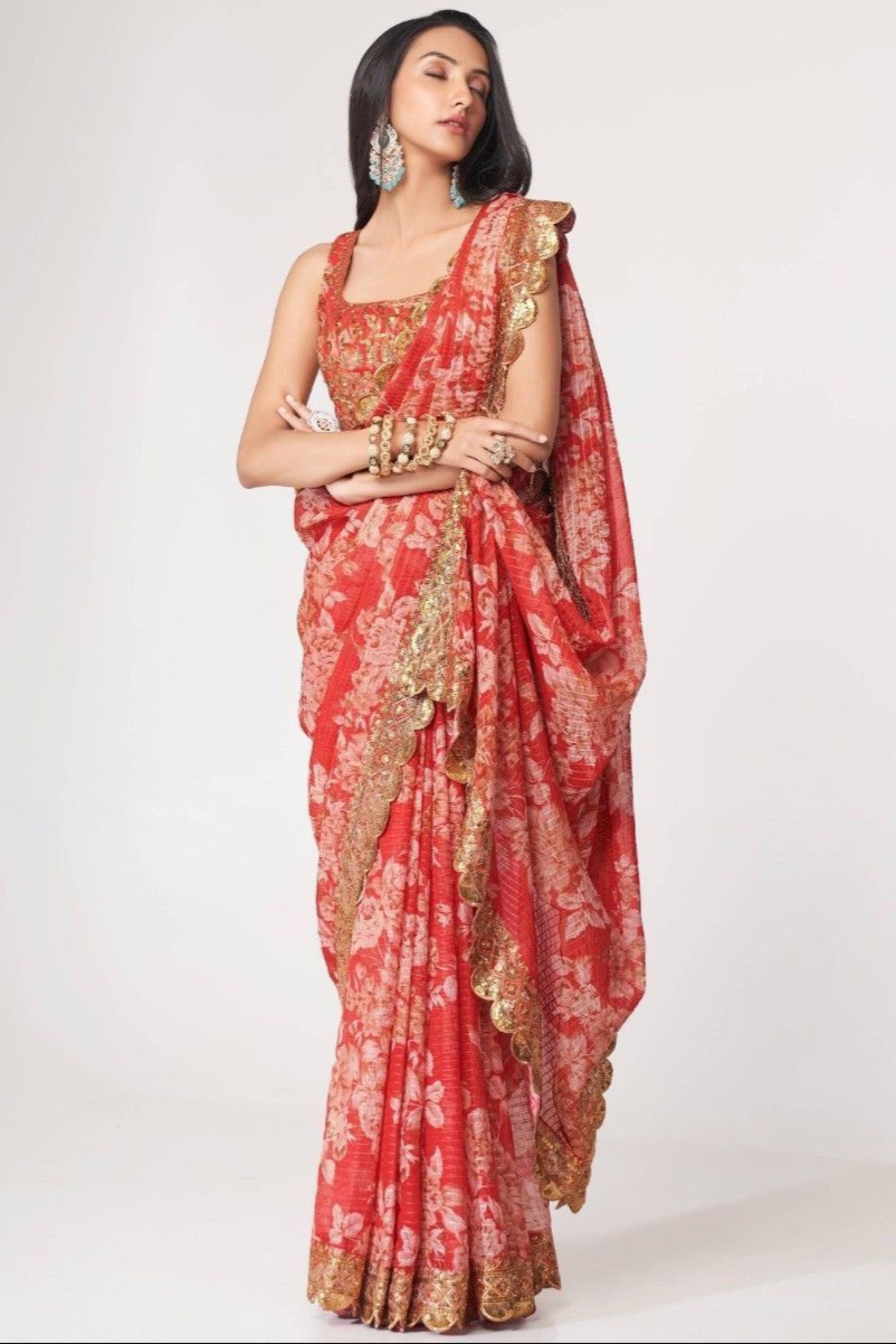 Bollywood Style Red Color Floral Printed Organza Fabric Ethnic Saree