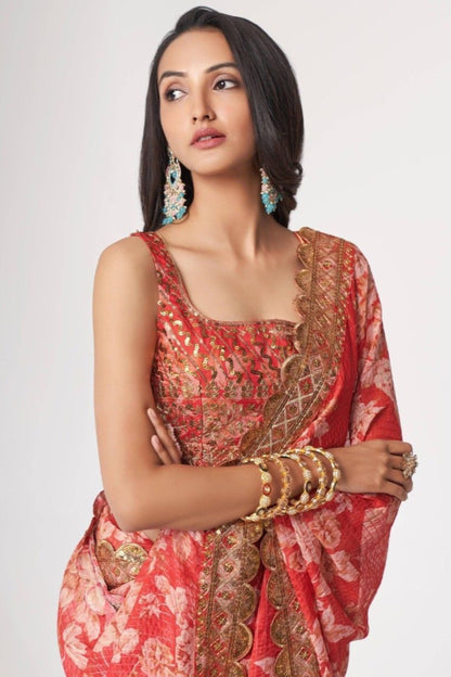 Bollywood Style Red Color Floral Printed Organza Fabric Ethnic Saree