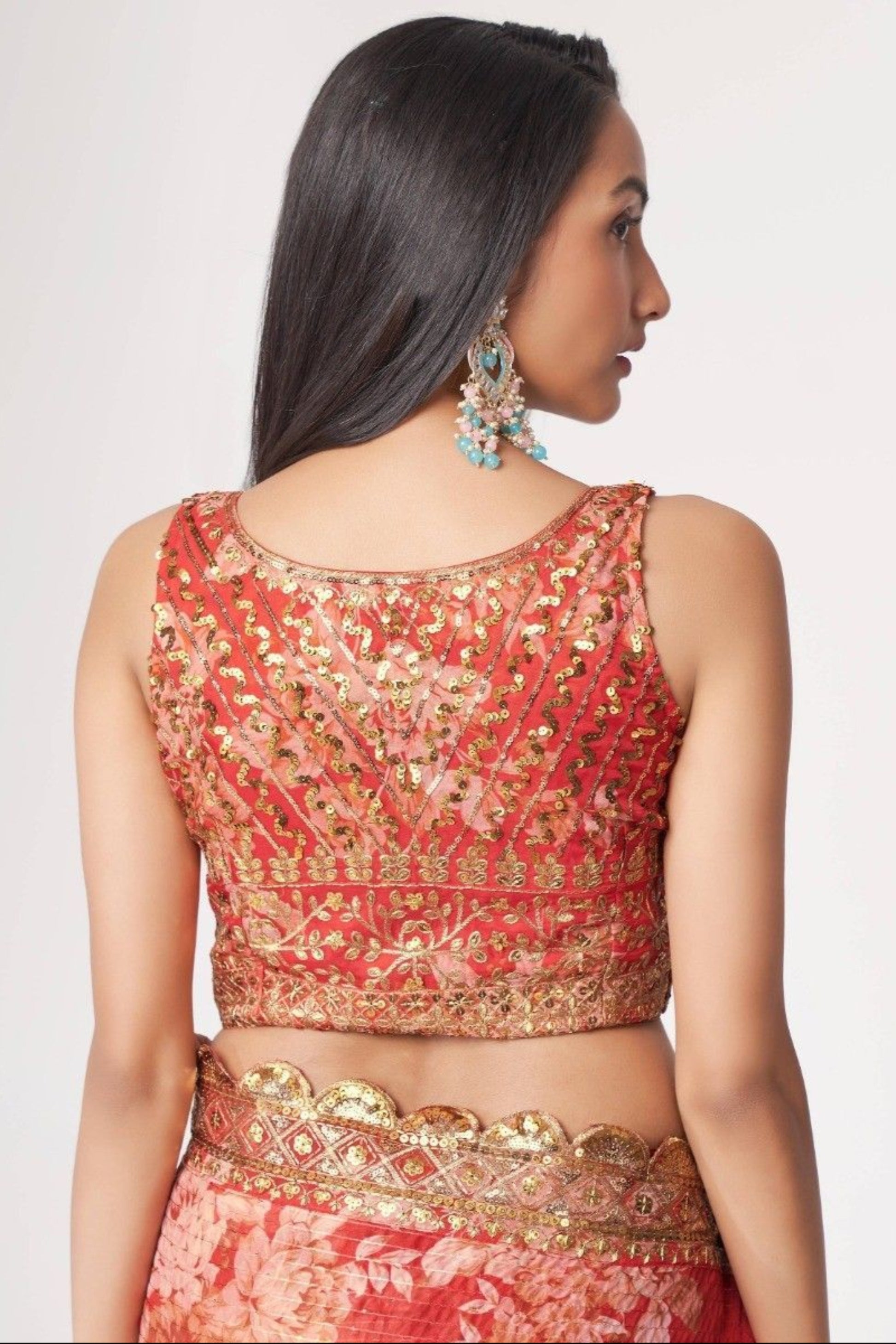 Bollywood Style Red Color Floral Printed Organza Fabric Ethnic Saree