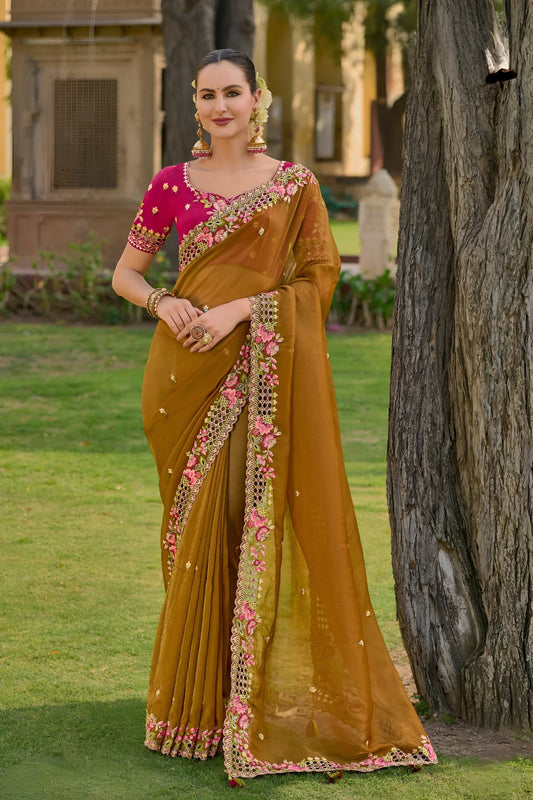 Designer Mustard Pure Organza Embroidery Handwork & Pallu Saree with Pink Silk Blouse
