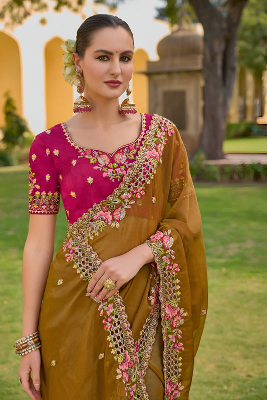 Designer Mustard Pure Organza Embroidery Handwork & Pallu Saree with Pink Silk Blouse