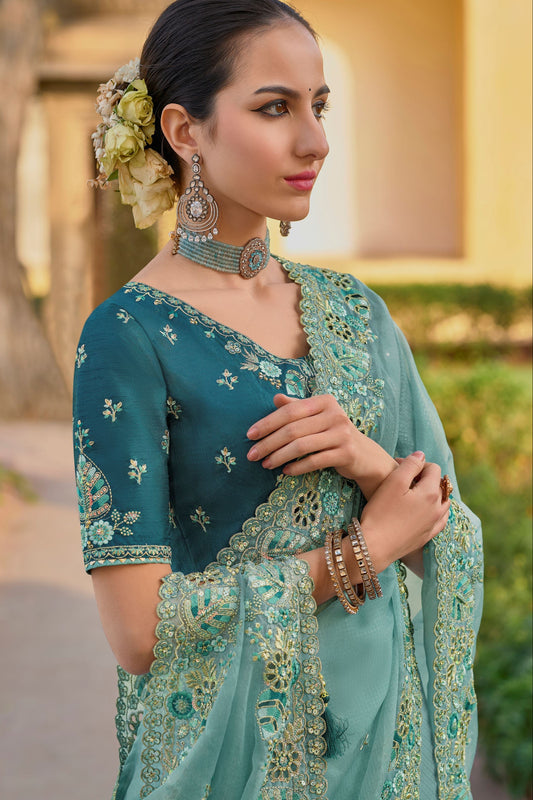 Wedding Wear Saree Beautiful Sky Blue Designer Silk Embroidery Work Sari