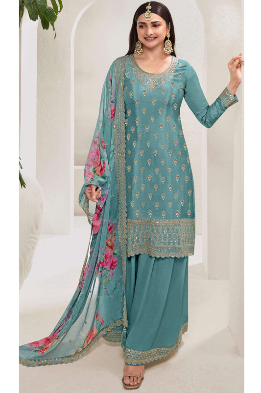Designer Embroidery Work Salwar Kameez Plazzo Suit With Print Dupatta